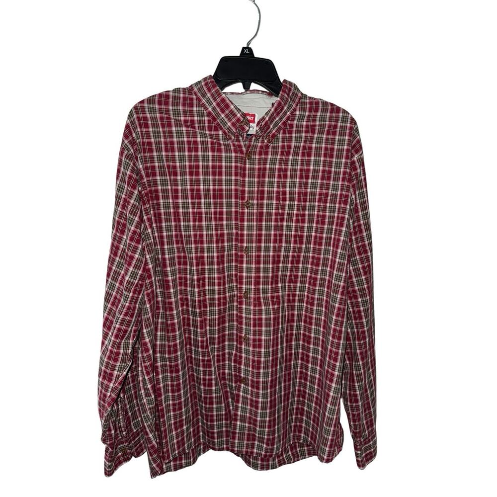 Wrangler Wrinkle Resist Plaid Button Up Shirt Red XL Cotton Blend Casual‎ Work